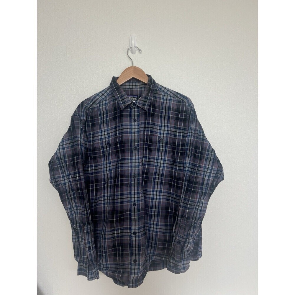 Patagonia Shirt Men Medium Blue Plaid Button Up Long Sleeve Organic Cotton L